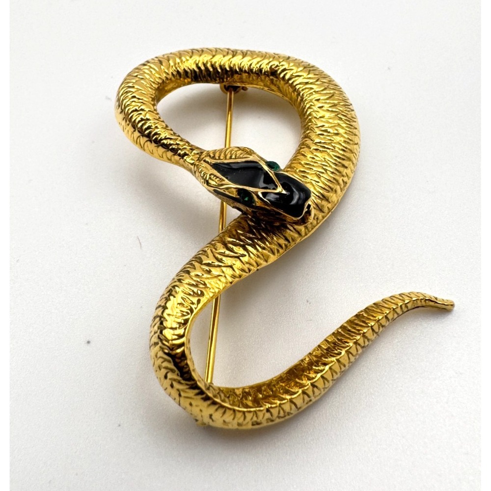 Vintage Snake Brooch Gold Tone  Pin Black Enamel Head Green Rhinestone Eyes